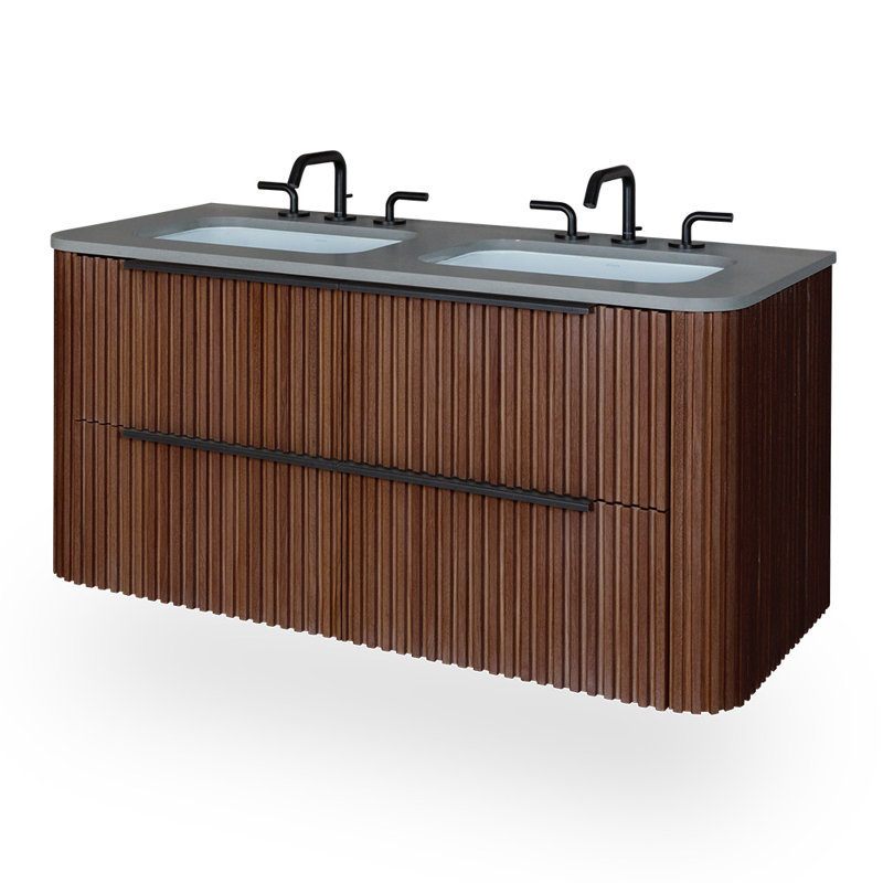 Flutti 48" Double Sink Vanity, Natural Walnut, Matte Black, Stone Bianco/3 Faucet Holes