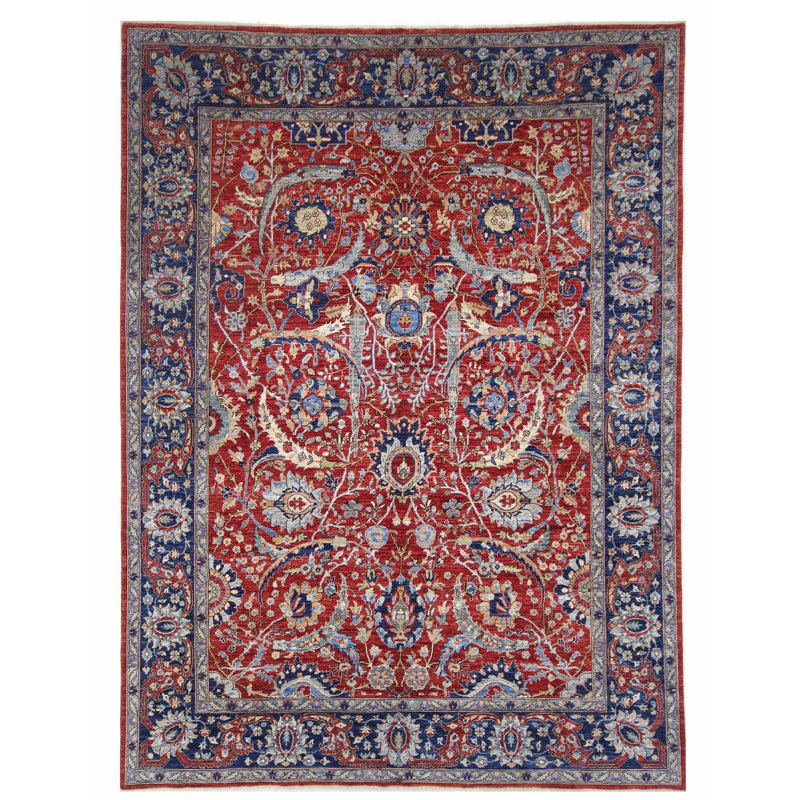 Hand Knotted Wool Area Rug in Red And Navy