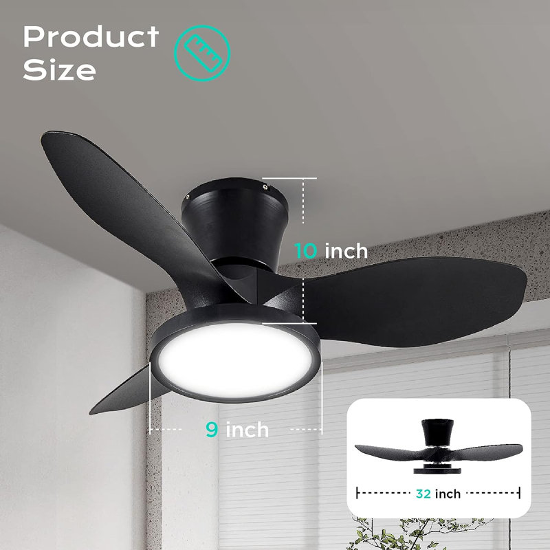 2pcs 32'' Blade Led Flush Mount Ceiling Fan With Remote Control And Light Kit Included, Black