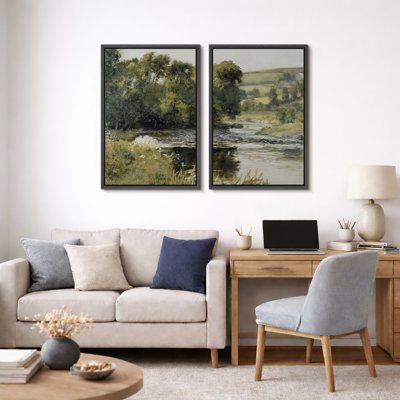 Lake River Landscape "Green Woodland Stream Artwork, Pastoral Countryside Wall Pictures, Framed Canvas Giclee Print 2 Pieces Wall Art Set" 16x24x2 pcs, 24x36x2 pcs