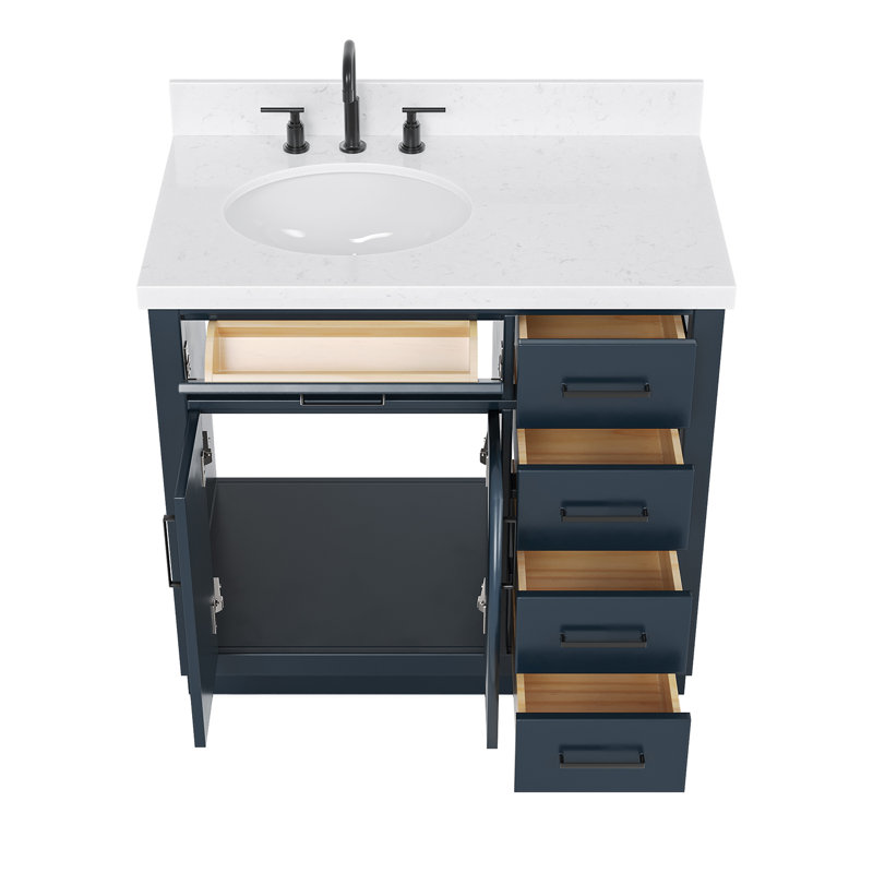 Meuble-lavabo simple en bois massif 36 po Tidworth avec plateau en quartz Carrara de 1,5 po, Gauche, Ovale, Bleu minuit