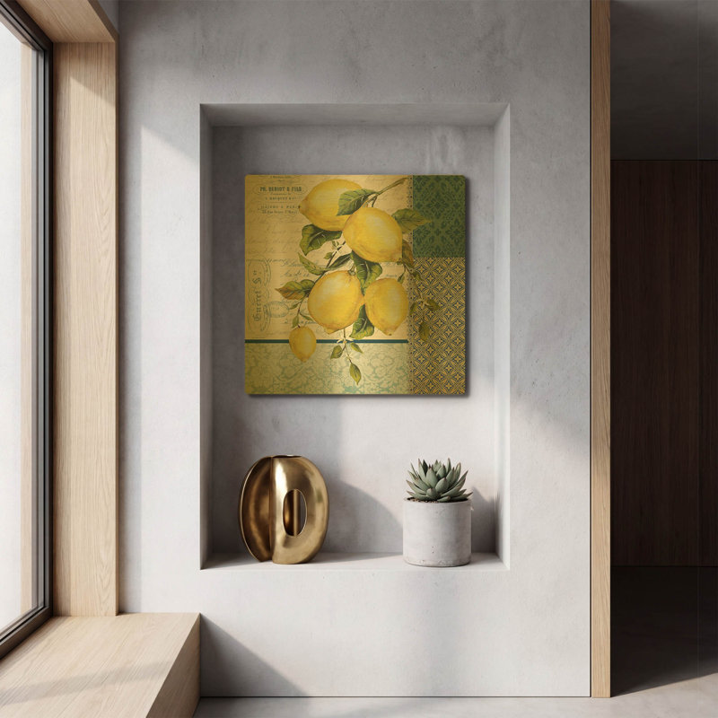 «Patchwork Lemons B» par Jean Plout, art mural en métal doré, 12 po x 12 po, 12"x12"