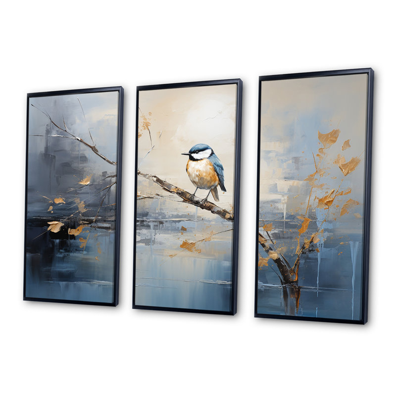 Art mural doré et bleu au printemps I - oiseau sur un arbre, H 28 po x l 36 po, Cadre flottant noir