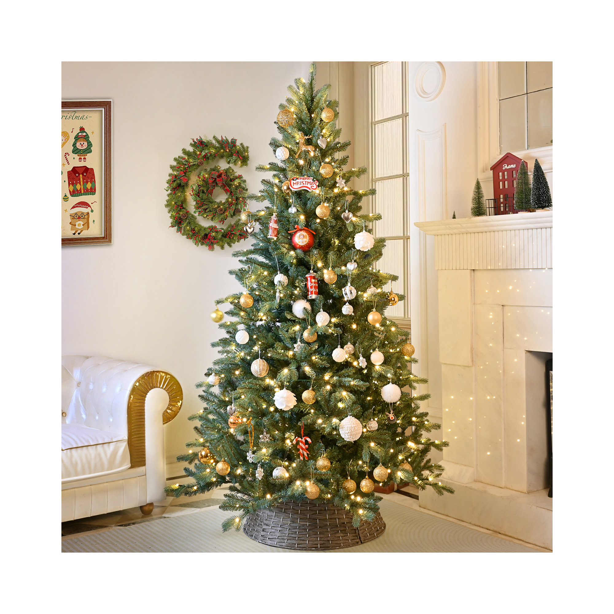 Pre-Lit Artificial Christmas Tree with PE&PVC Mixed Branch Tips, Warm White Lights, Hinged Premium, 6 ft
