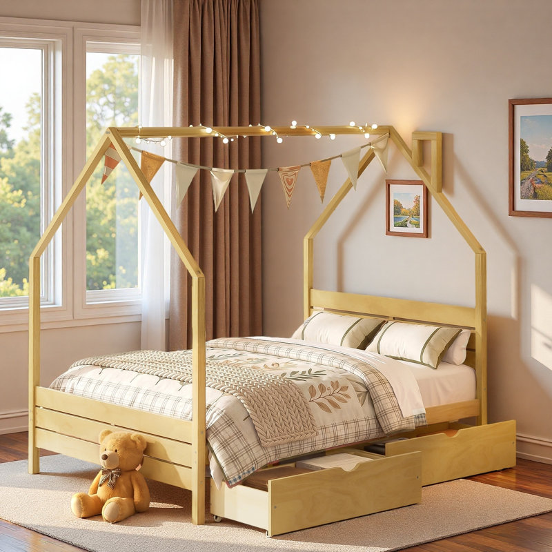 Lit en bois en forme de maison avec 2 tiroirs de rangement, support dorsal fiable et conception de toit adorable, Full