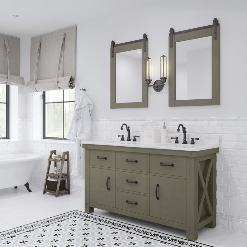 Aberdeen 60 In. Double Sink Carrara White Marble Countertop Vanity In Grizzle Gray With Mirrors, Rustic Sierra, Carrara White