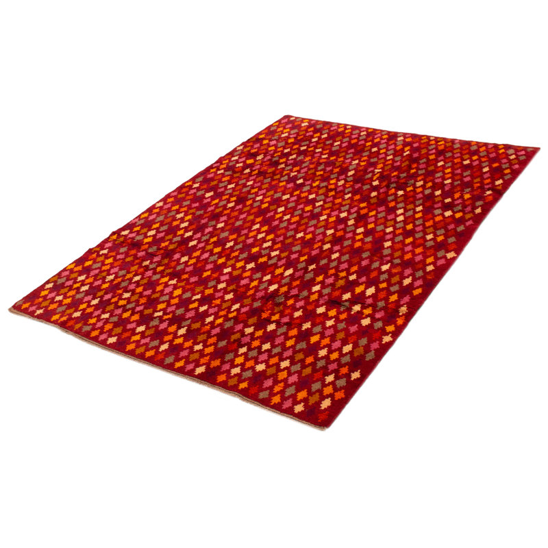 Tapis rouge foncé en laine noué à la main de conception unique 6 pi 2 po x 8 pi 2 po Akhjah