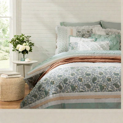 Elegant 9 Piece Aqua Bedding Sets, Cotton Comforter, Shabby Chic Style For Farmhouse Bedroom