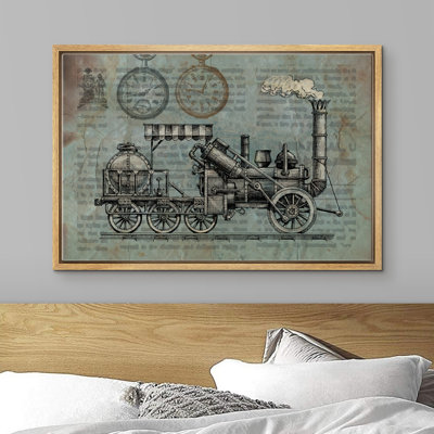 Signature signée, impression sur toile encadrée, locomotive vintage délavée avec impression de journal, transport, art numérique, art moderne, chic, brun chaud pour le salon
