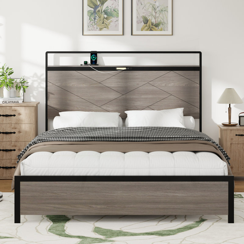 Structure de lit plateforme en bois avec tête de lit à DEL avec rangement et 2 ports USB, Lit double