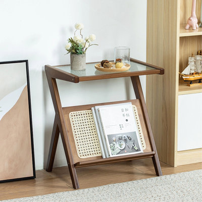 Table de chevet en rotin, tables de chevet d'appoint en bambou, tables basses en verre, table de bout Boho avec rangement pour petit salon