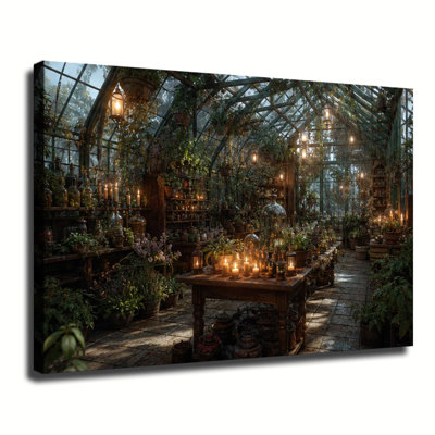 Serre magique de sorcière avec plantes en pot, bougies et lanternes en verre - Tableau sur toile de style cottage gothique