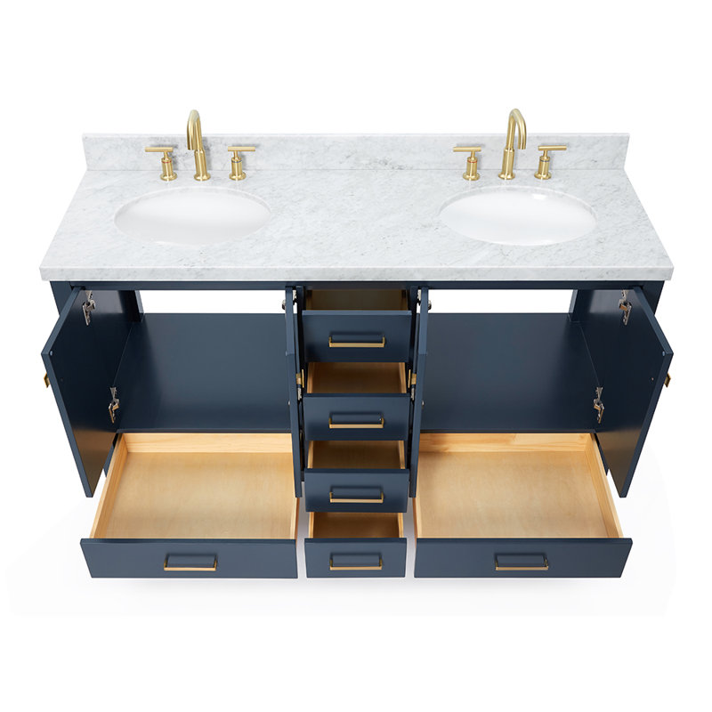 Ensemble de meuble-lavabo double 61 po Cambridge, Bleu minuit / laiton satiné, Ovale
