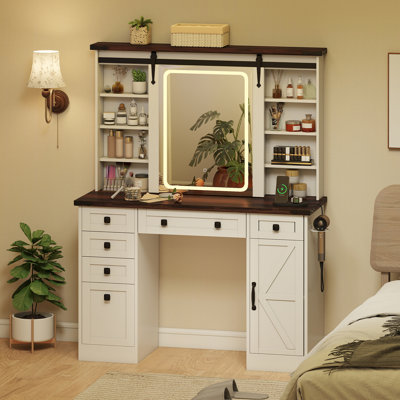 Vanity Desk w/Touch Screen Mirror Farmhouse Dressing Table w/Charging Station by House of Hampton