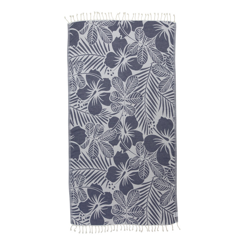 Chanyah Hawaiian Flower Organic Sand-Free Turkish Cotton Beach Peshtemal, 66" x 36" , Blue