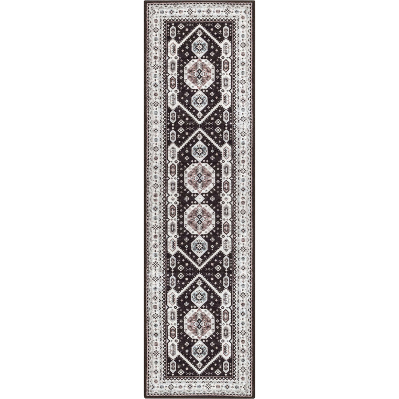 Dery Black Tribal Medallion Durable Non-Skid Washable Area Rug, Runner 2'7" x 9'10"