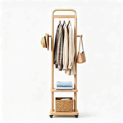 Coat Rack with 2 Storage Shelves,Wood Freestanding Coat Hanger with wheels,Space-Saving,Modern Entryway Storage