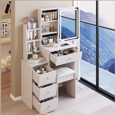 Petite coiffeuse 29,2 po avec tabouret de chevet gauche + tabouret rembourré, 2 blocs d'alimentation CA + 2 ports USB, support pour séchoir à cheveux, très grand miroir à DEL coulissant à commande tactile, changement de luminosité tricolore, réglage de la luminosité