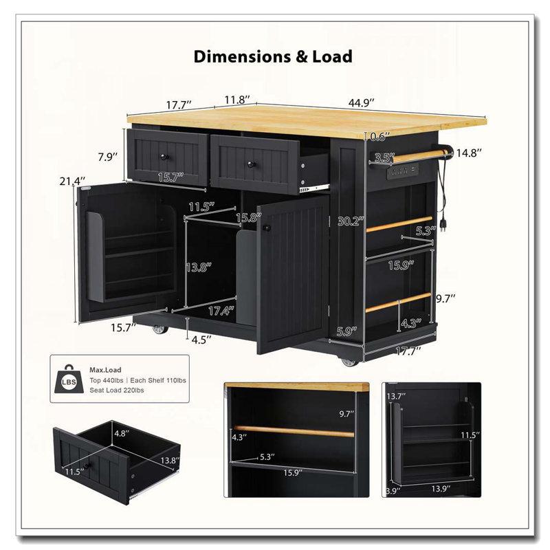 48-inch Kitchen Island with Drop Leaf & Power Outlet (Two Packages), Black
