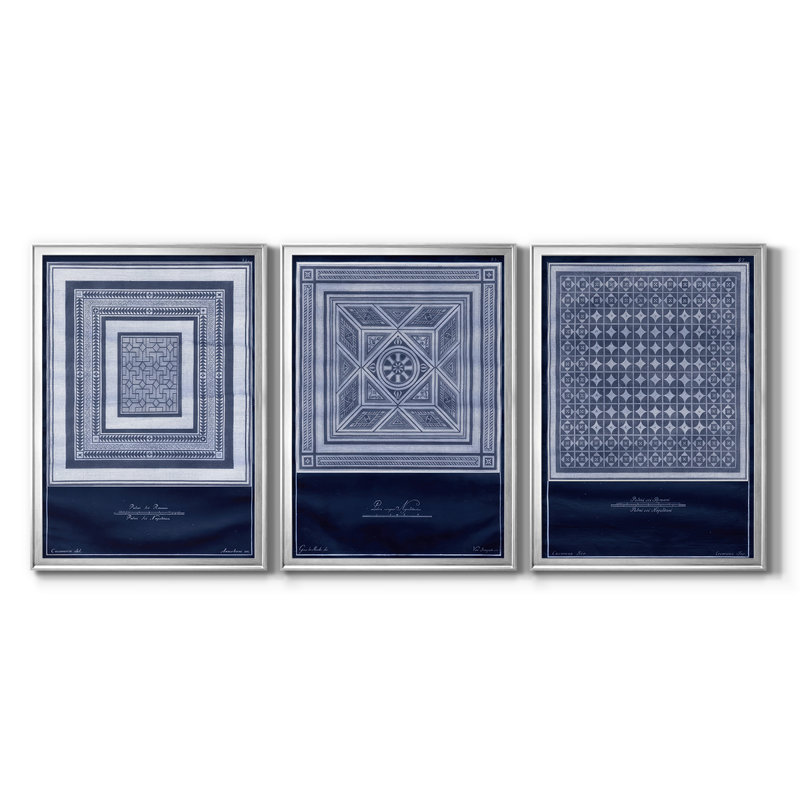Indigo Tile IV - Toile tendue avec châssis sur mesure - 3 pièces, H 30 po x l 63 po, Argent argent