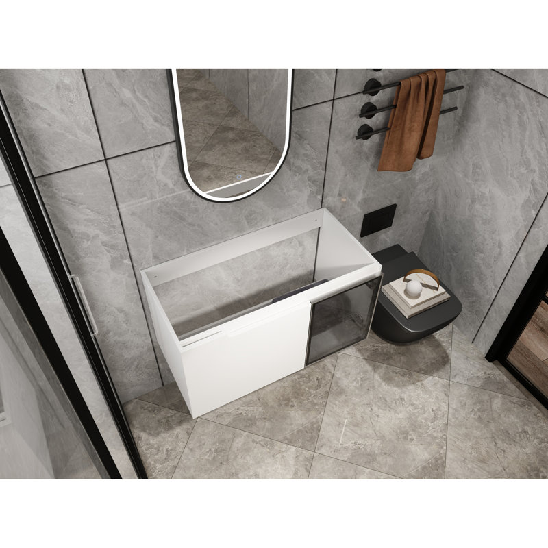 Meuble-lavabo 36 po blanc brillant avec 1/2 porte en verre gris, fonction de fermeture en douceur, contreplaqué pour l'esthétique - lavabo non inclus 2 portes modernes, meuble-lavabo, demi-porte, sans la construction