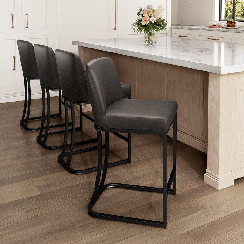 Kunkel 24" Modern Kitchen Counter Stool with Faux Leather Padded Seat and Metal Frame, Black, Gray