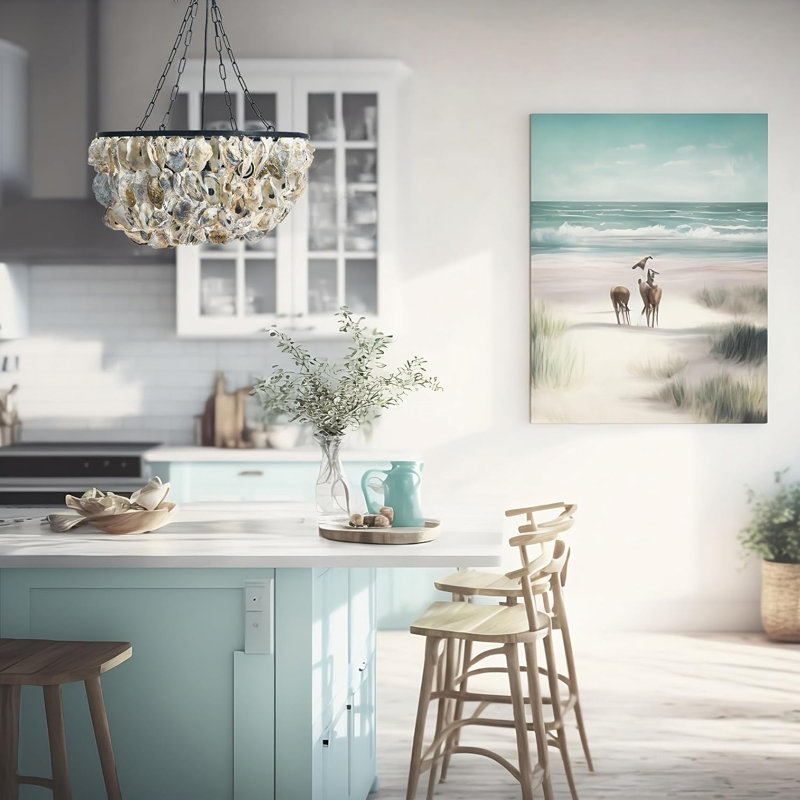 Round Oyster Shell Chandelier With 2 Lights, Coastal-Inspired Metal Frame, And Draped Natural Shells