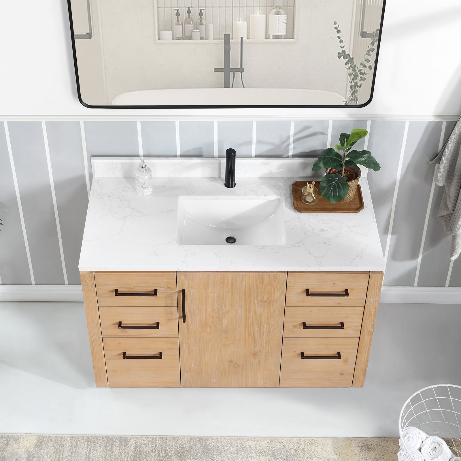Cloverfield 48'' Single Bathroom Vanity, Fir Wood Brown, Matte Black