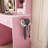 Small Makeup Vanity Desk with Mirror & Adjustable LED Lights,Built-in Power Outlet & Hidden Storage, Includes padded stool & Shelf,Space-Saving Dressing Table for Small Bedrooms,Pink-2046507807