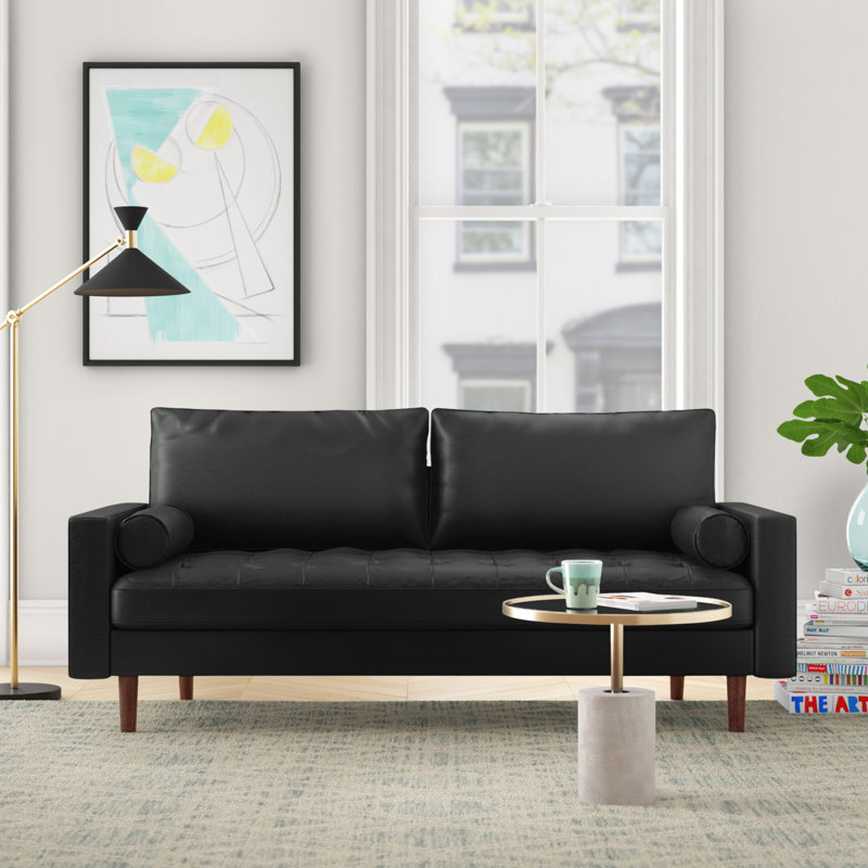 Rumaisa 69.68'' Faux Leather Sofa, Black Faux Leather