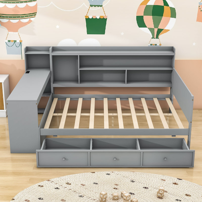 Lit de jour Assante avec bureau intégré et tiroirs de rangement intégrés, Gris, Double