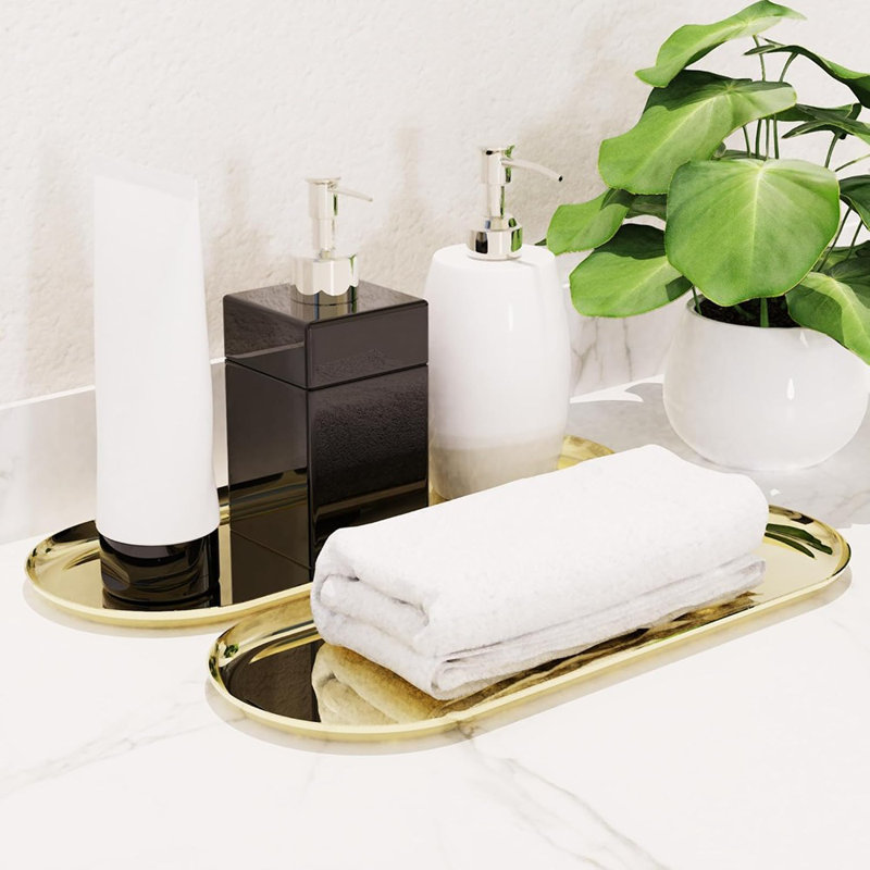 Oval Golden Decorative Tray, Vanity And Bathroom Organizer For Jewelry, Perfume, Candles, And Keys