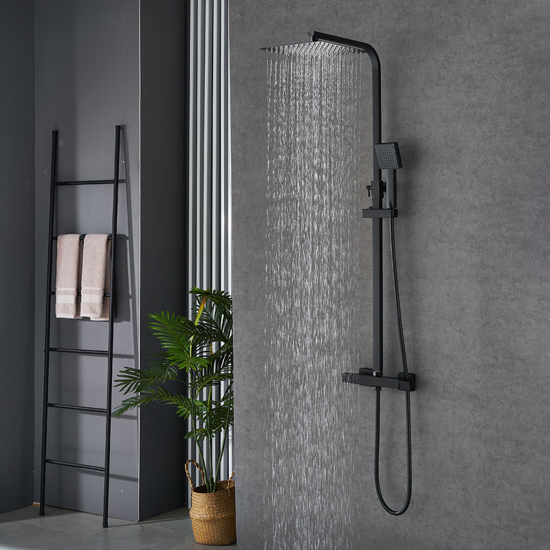 Black Thermostatic Shower Mixer Set Square Shower Kit 10 Inch Stainless Steel Overhead Shower Brass 38°C Thermostatic Valve