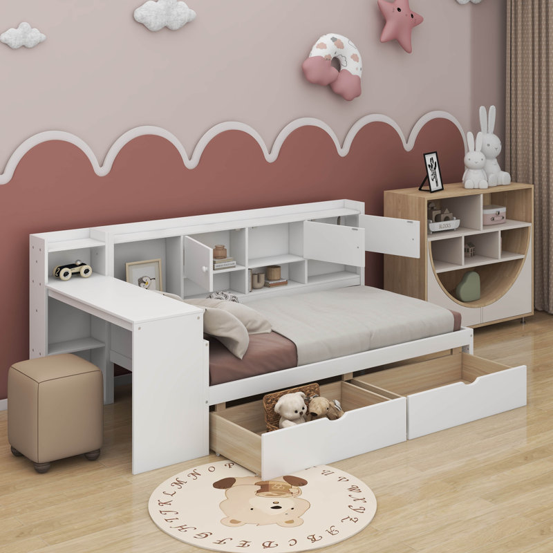 Lit de jour simple avec armoires et tiroirs, Blanc