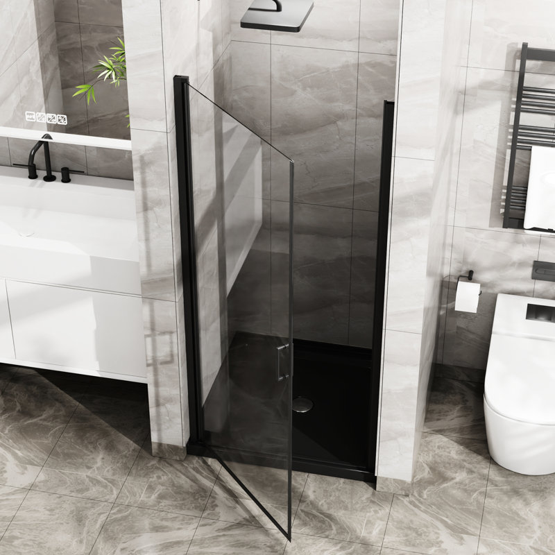 Black 34"X72" Shower Pivot Door, 1/4" Tempered Glass, Semi-, Waterproof Magnets, Long-Lasting Handle, 180 Rotating Pivot, 90 Door Blockade Glass Thick, Design, System, Stable Stopper Structure