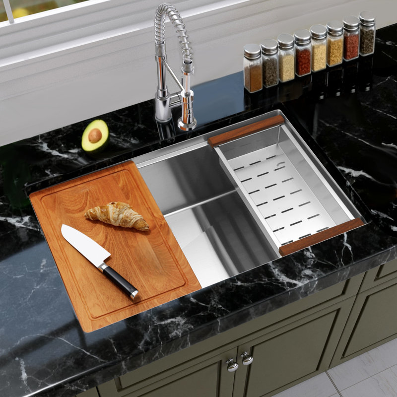 28''L X 18''W Workstation Undermount 16 Gauge BlackStainless Steel Kitchen Sink Single Bowl, Stainless Steel