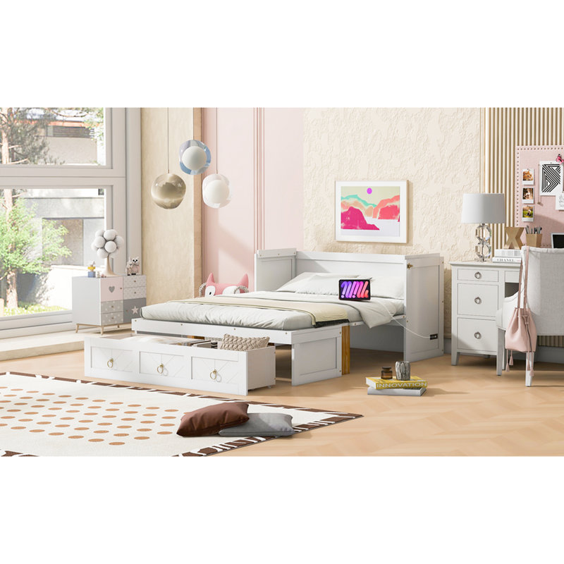 Lit double blanc avec une grande surface et un tiroir pour un rangement pratique - peu encombrant, Lit double, White