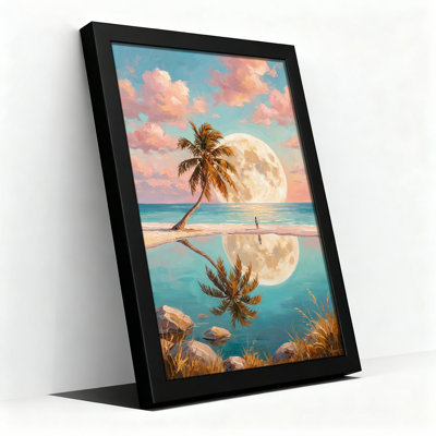 Tableau sur toile « Reflet d'un palmier et d'une lune géante sur la plage »