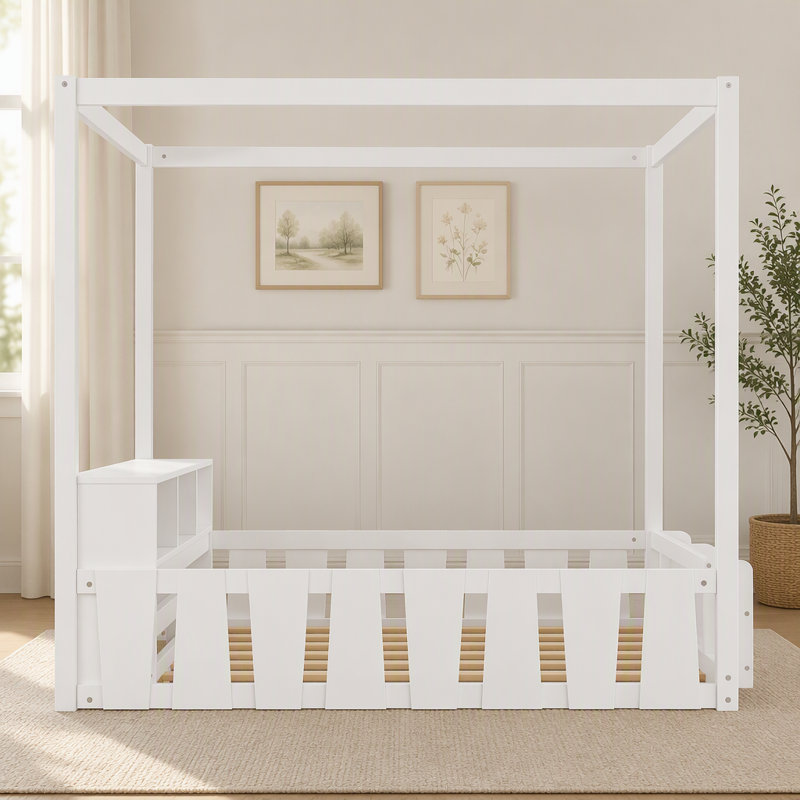 Lit Montessori au sol de taille standard avec barrière et garde-corps, Full / Double, White