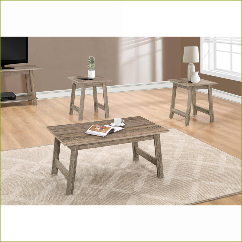Ensemble de 3 tables basses transitionnelles avec 2 tables de bout en stratifié brun - spacieuses pour le salon