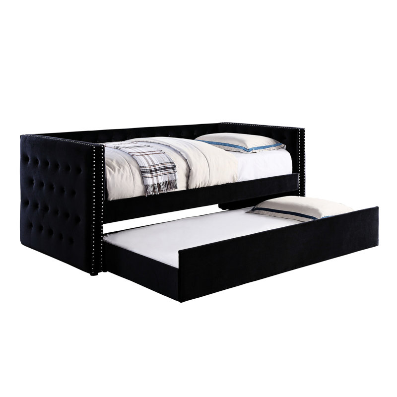 Black Padded Daybed With Trundle, Transitional Style, Flannelette Upholstery, Button , Design, Nailhead Trim, Slat Kit - Fashion,