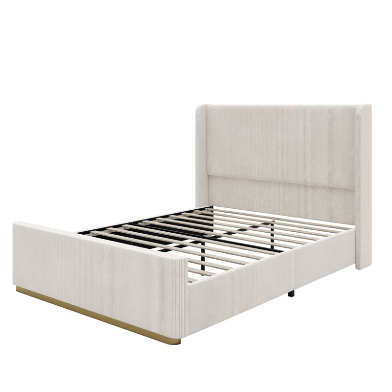 Queen Size Corduroy Upholstered Bed Frame With Vertical Stripe Wingback Headboard And High Footboard, Pink, Gris clair