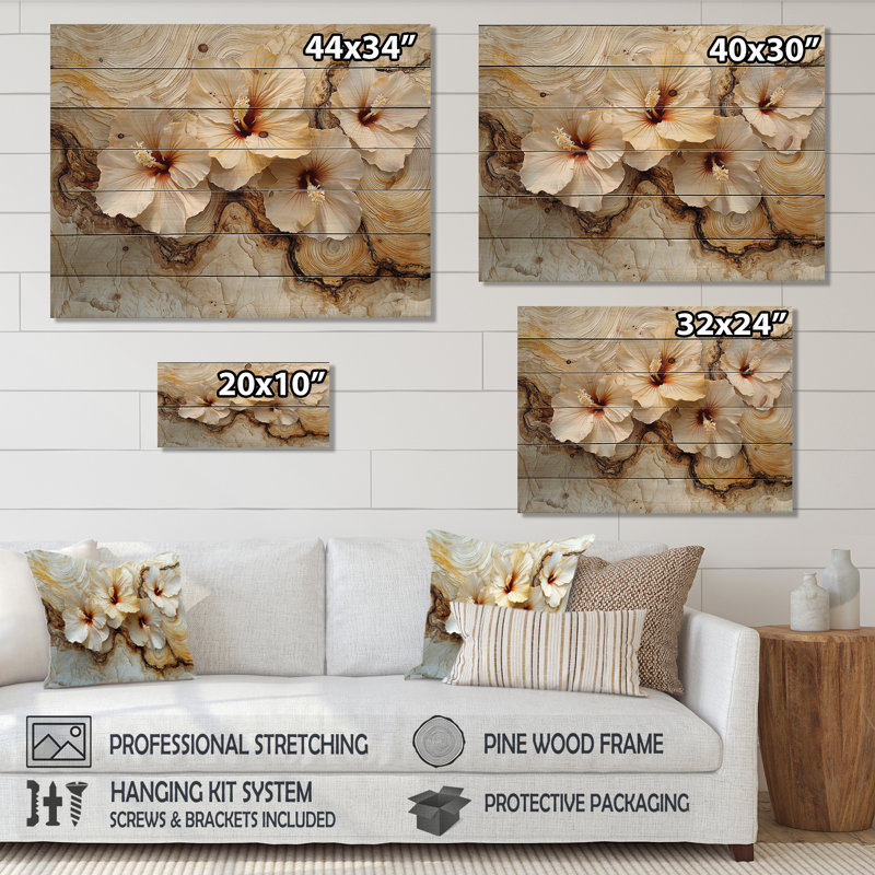 Fleurs d'hibiscus sur fond de marbre crème - impression sur bois d'hibiscus - sur bois de pin naturel, H 34 po x l 44 po