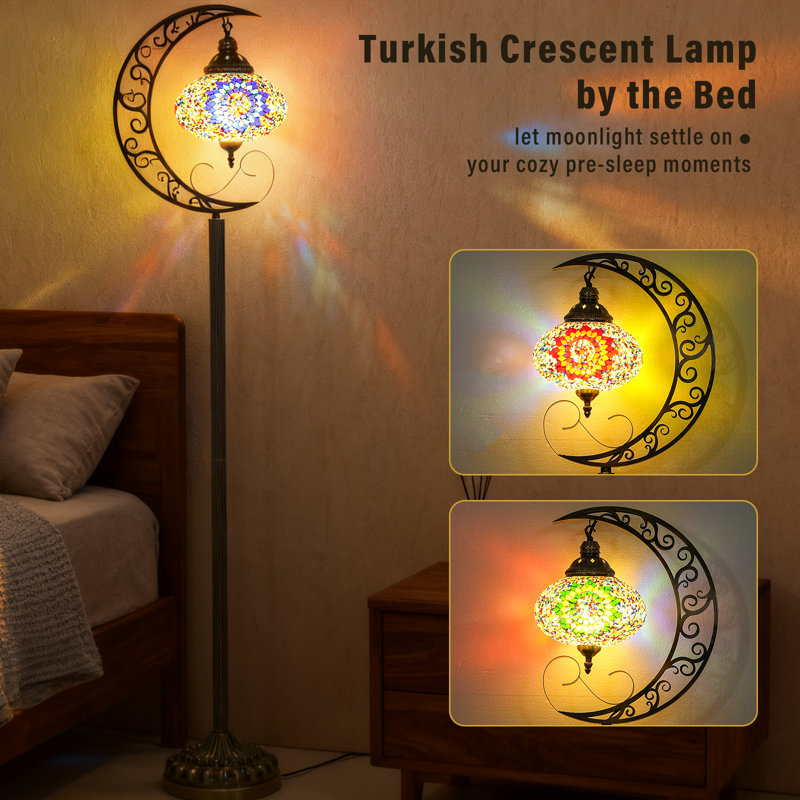Turkish Mosaic Floor Lamp - 3D Crescent Metalwork, 60-Inch Height, E26 Bulb Included | Safe Polished Glass, Soothing Ambiance For Living Room Bedroom