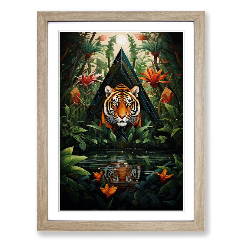 Jungle Geometric - Single Picture Frame Print on Wood, 64cm H x 46cm W x 2cm D, Oak Framed