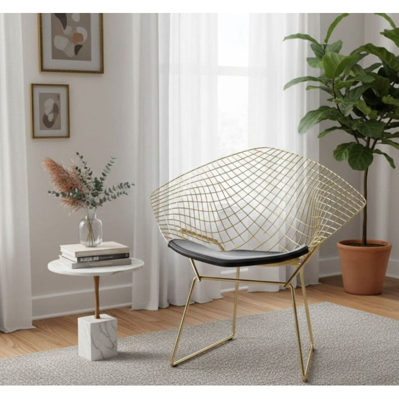 17.5'' H Faux Leather Upholstered Metal Armchair, Black, Gold