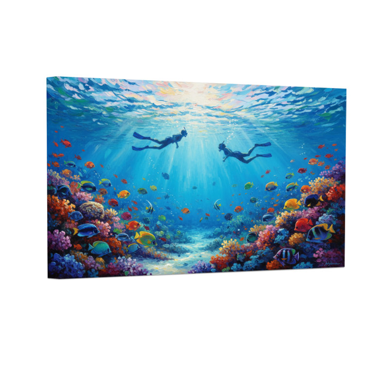 Paysage et nature, récif de corail sous-marin avec plongeurs et poissons, H 20 po x l 30 po