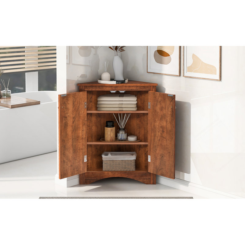 Triangle Bathroom Storage Cabinet With Adjustable Shelves, Freestanding Floor Cabinet For Home Kitchen, Brown