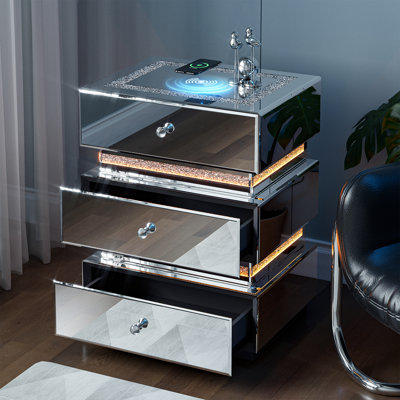Table de chevet avec miroir, table de bout en argent avec station de charge sans fil, lumière DEL, 3 tiroirs de rangement, diamants broyés et design élégant pour la chambre à coucher, le salon et le bureau