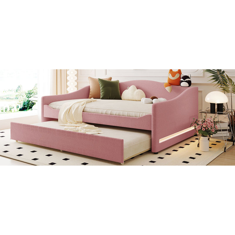 Full Upholstered Daybed With Pink Fleece And Movable Trundle - Flexible Setup For A Peaceful Bedroom Calming Atmosphere, Full